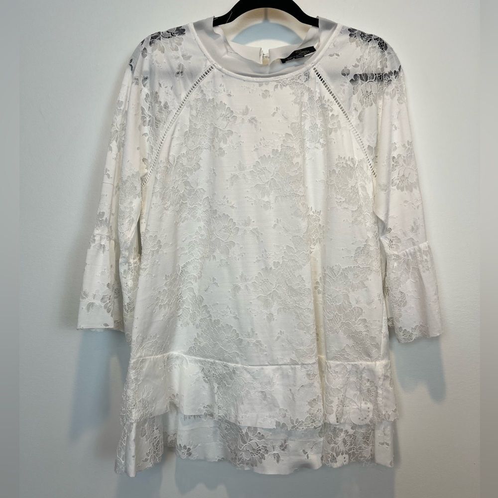 Susan Betro White Lace Overlay Ruffle Bell Sleeve Blouse SZ XL Large